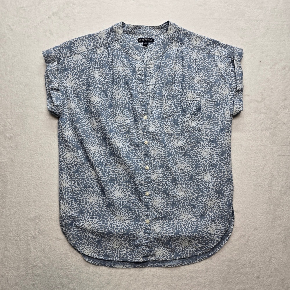 J.Crew Mercantile Boho Floral Indigo Blouse Blue XS Casual Cotton